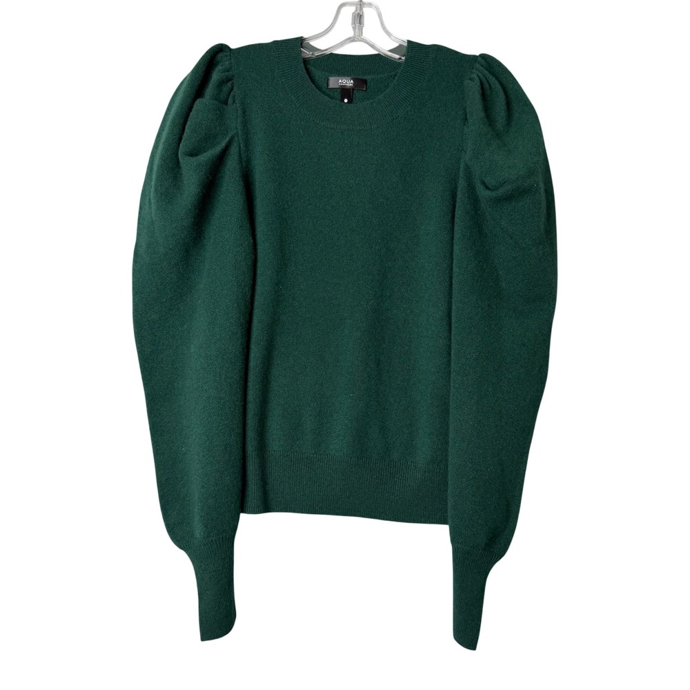 Aqua Cashmere Sweater Womens M Green Puff Sleeve Quiet Luxury Feminine Knit